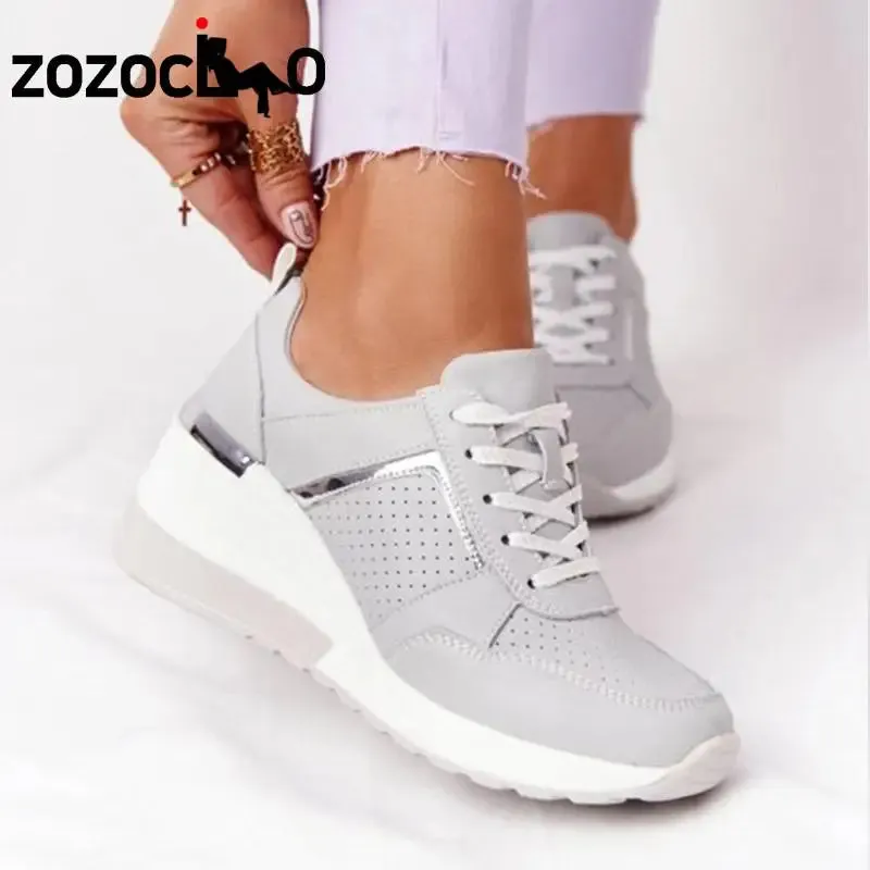 2022 Women Wedges Sneakers Lace-Up Breathable Sports Shoes Casual Platform Female Footwear Ladies Vulcanized Shoes Zapatillas
