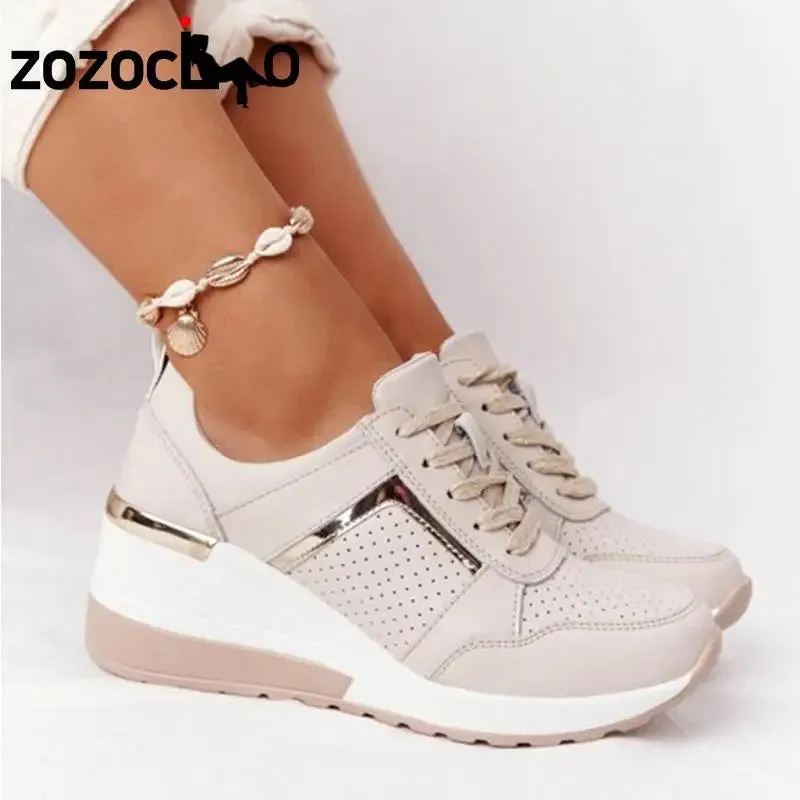 2022 Women Wedges Sneakers Lace-Up Breathable Sports Shoes Casual Platform Female Footwear Ladies Vulcanized Shoes Zapatillas