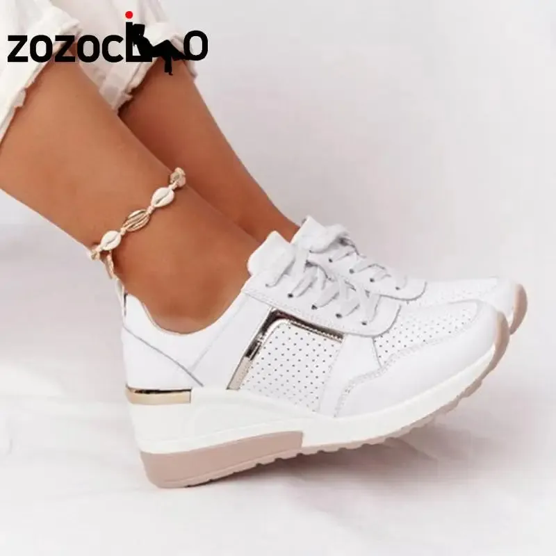 2022 Women Wedges Sneakers Lace-Up Breathable Sports Shoes Casual Platform Female Footwear Ladies Vulcanized Shoes Zapatillas