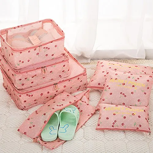 7Pcs Waterproof Travel Storage Bags Clothes Packing Cube Luggage Organizer Pouch(Pink cherry)