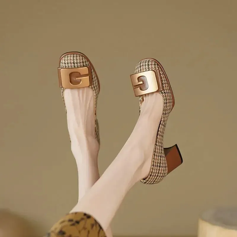 Amozae-Chunky Heel Mule Shoes Women Pumps Designer Fashions High Heels Metal Decoration Round Head Elegant Retro High Heel Mary Jane