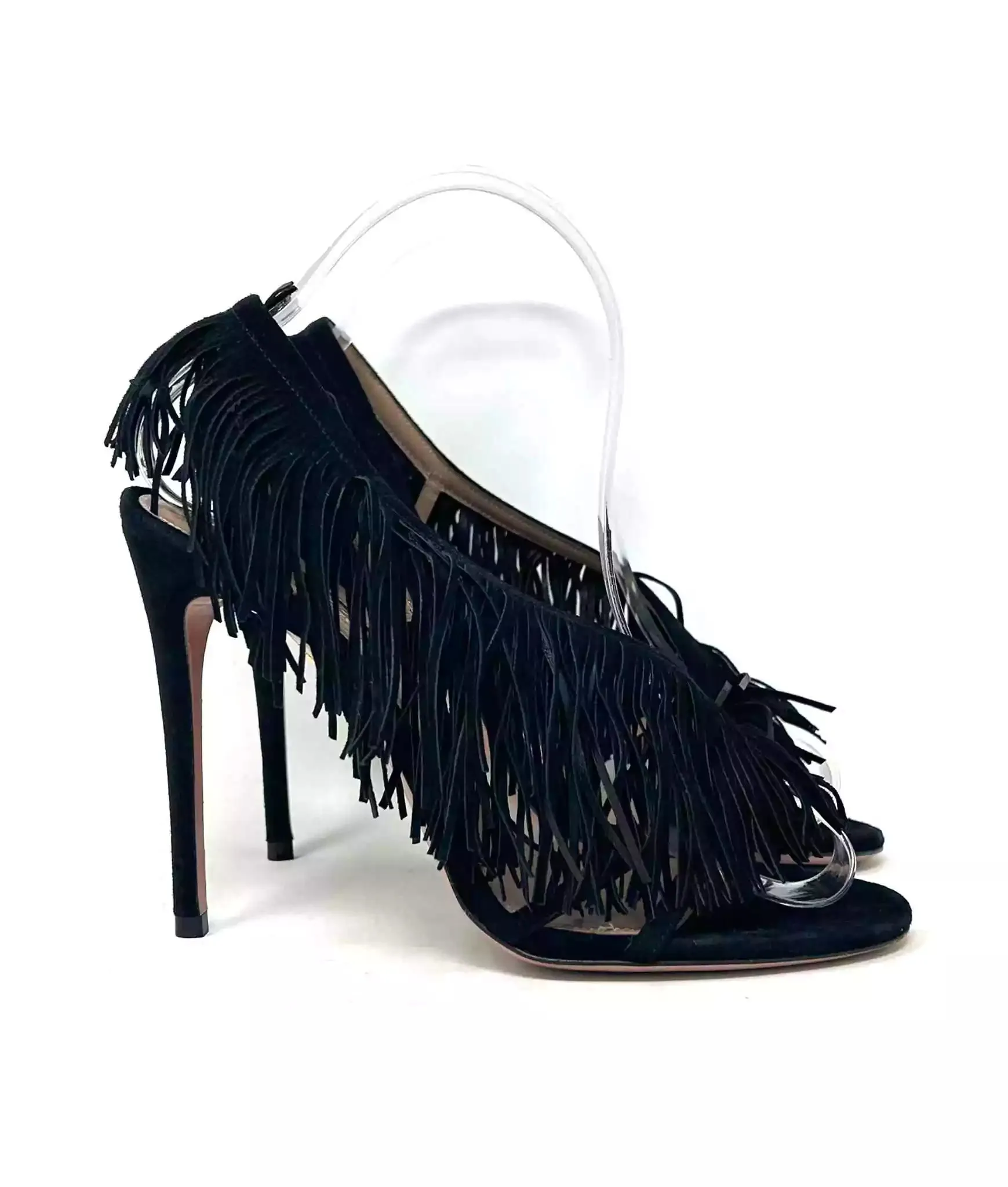 Aquazzura Wild Fringe Black Suede Heel Sandal Heels 37 UK 4