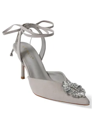 Faux-Suede Lace-Up Heels - Light Grey