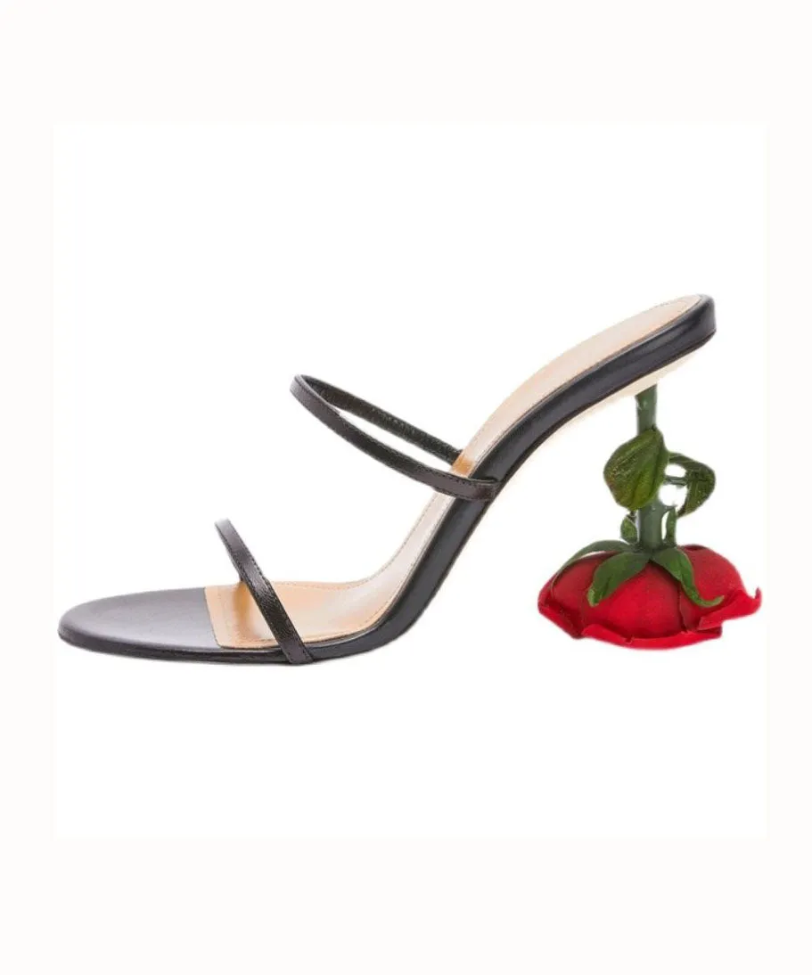 Handmade Rose Splicing Stiletto High Heel Slippers Black Faux Leather LY4348