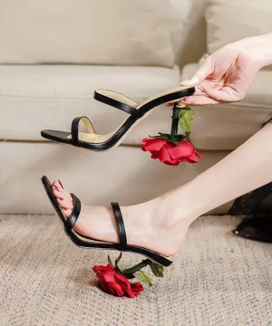 Handmade Rose Splicing Stiletto High Heel Slippers Black Faux Leather LY4348