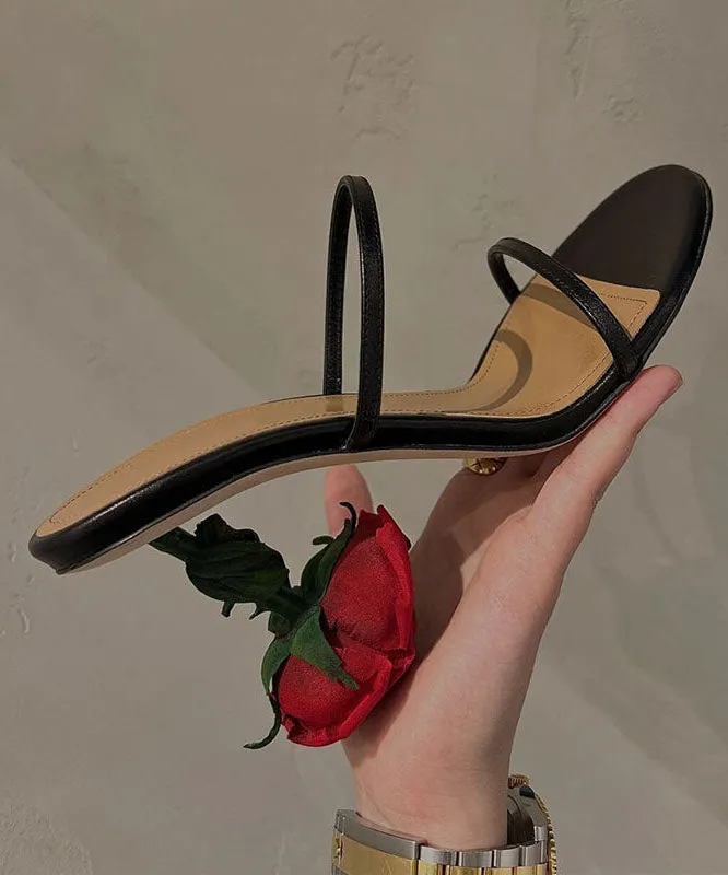 Handmade Rose Splicing Stiletto High Heel Slippers Black Faux Leather LY4348