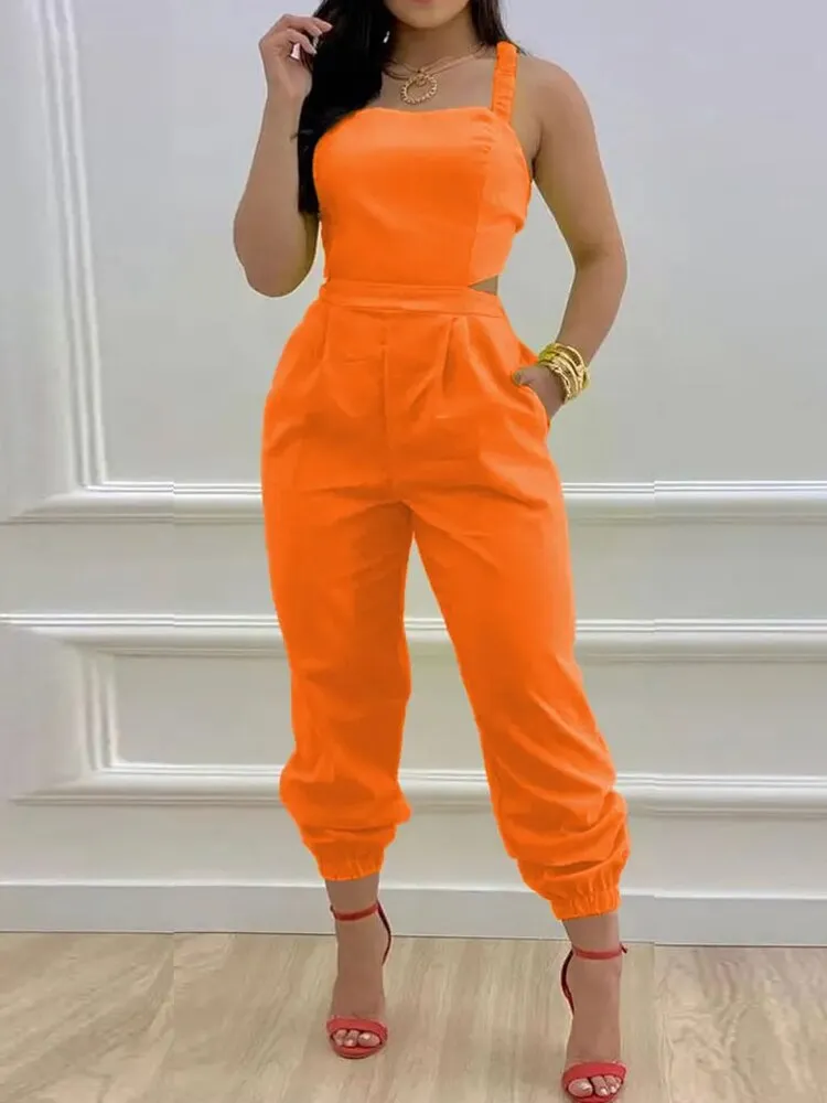 Joskaa Summer Lady Sleeveless Romper Bodysuits Women Casual Straps Overalls Playsuit Sexy Backless Hollow Off Shoulder Office Jumpsuits