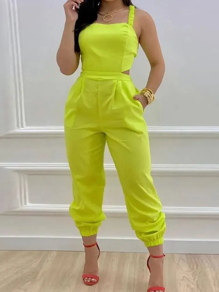 Joskaa Summer Lady Sleeveless Romper Bodysuits Women Casual Straps Overalls Playsuit Sexy Backless Hollow Off Shoulder Office Jumpsuits