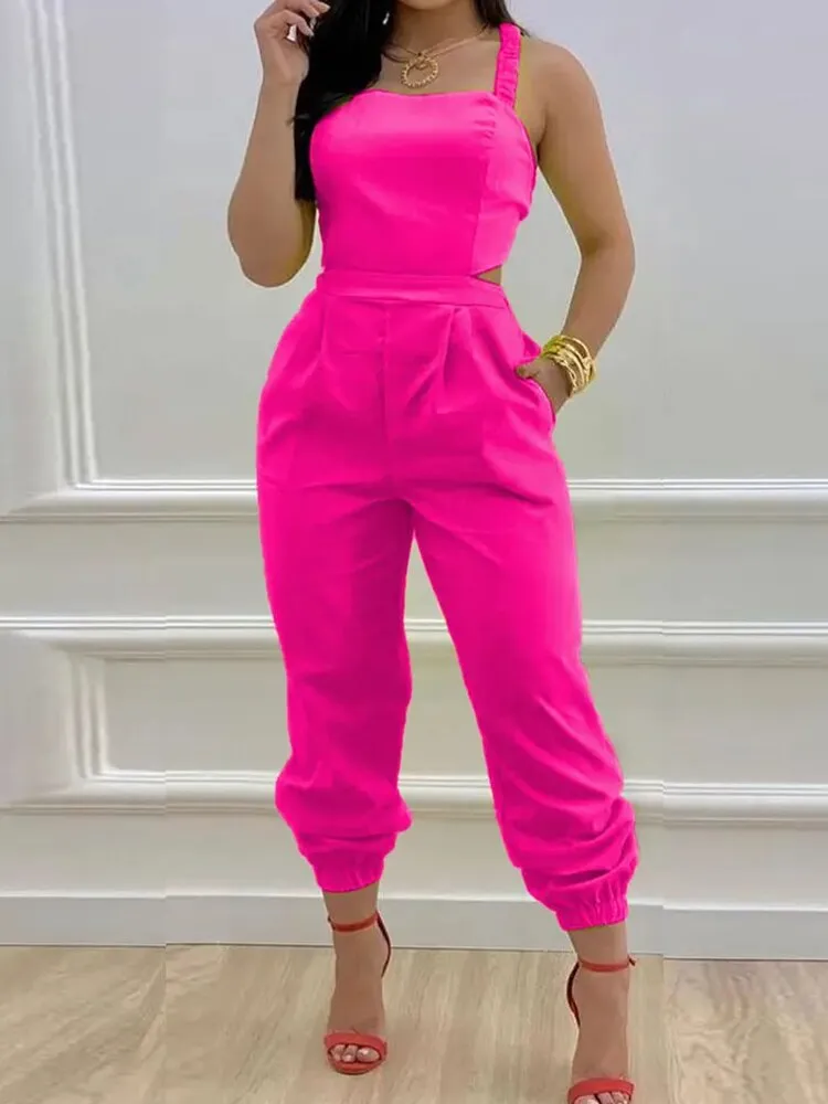 Joskaa Summer Lady Sleeveless Romper Bodysuits Women Casual Straps Overalls Playsuit Sexy Backless Hollow Off Shoulder Office Jumpsuits