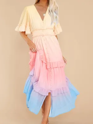 Joskaa Women Sexy Button V Neck Ruffle Cake Dress Elegant Short Sleeve Gradient Party Dress Spring Summer Vacation Casual Long Dresses