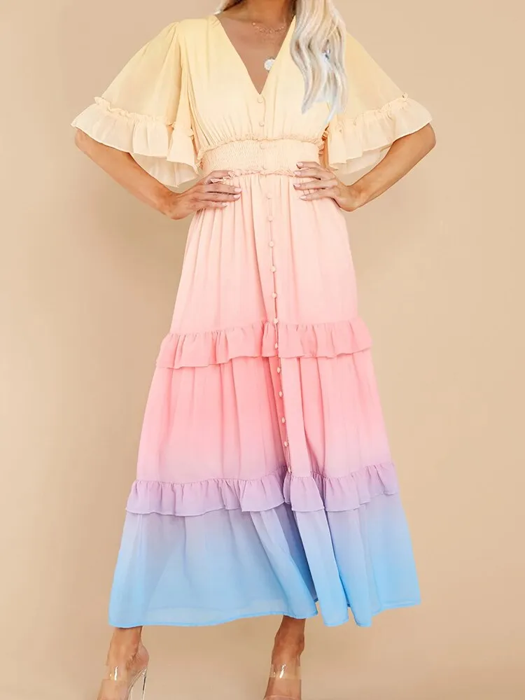 Joskaa Women Sexy Button V Neck Ruffle Cake Dress Elegant Short Sleeve Gradient Party Dress Spring Summer Vacation Casual Long Dresses