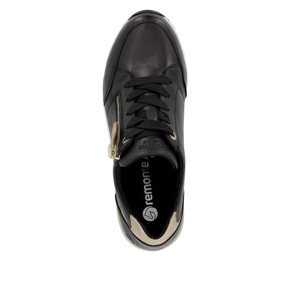 Remonte D0T03-01 Ladies Black & Gold Leather Zip & Lace Trainers