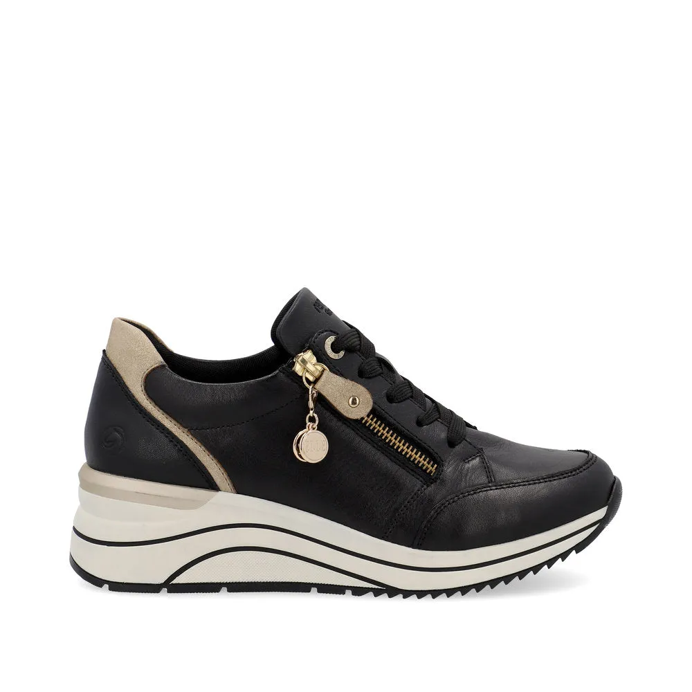 Remonte D0T03-01 Ladies Black & Gold Leather Zip & Lace Trainers