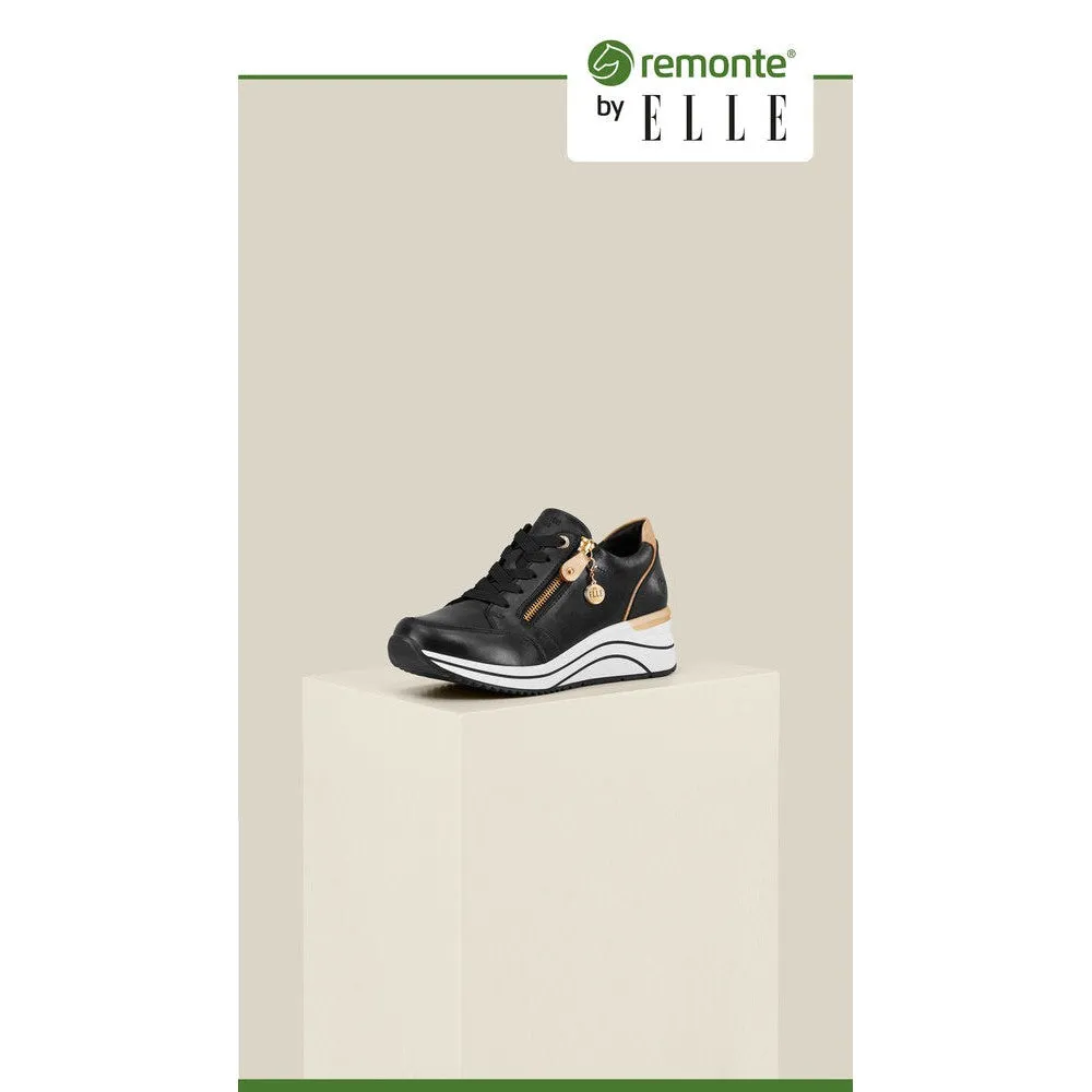 Remonte D0T03-01 Ladies Black & Gold Leather Zip & Lace Trainers