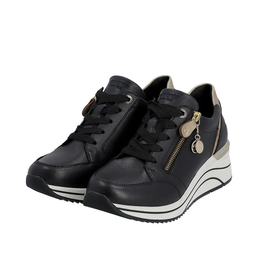 Remonte D0T03-01 Ladies Black & Gold Leather Zip & Lace Trainers
