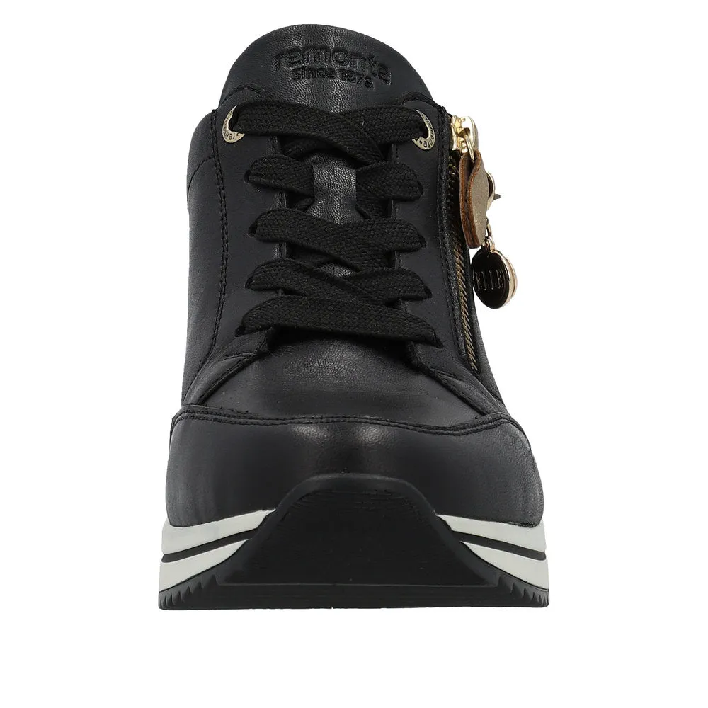 Remonte D0T03-01 Ladies Black & Gold Leather Zip & Lace Trainers