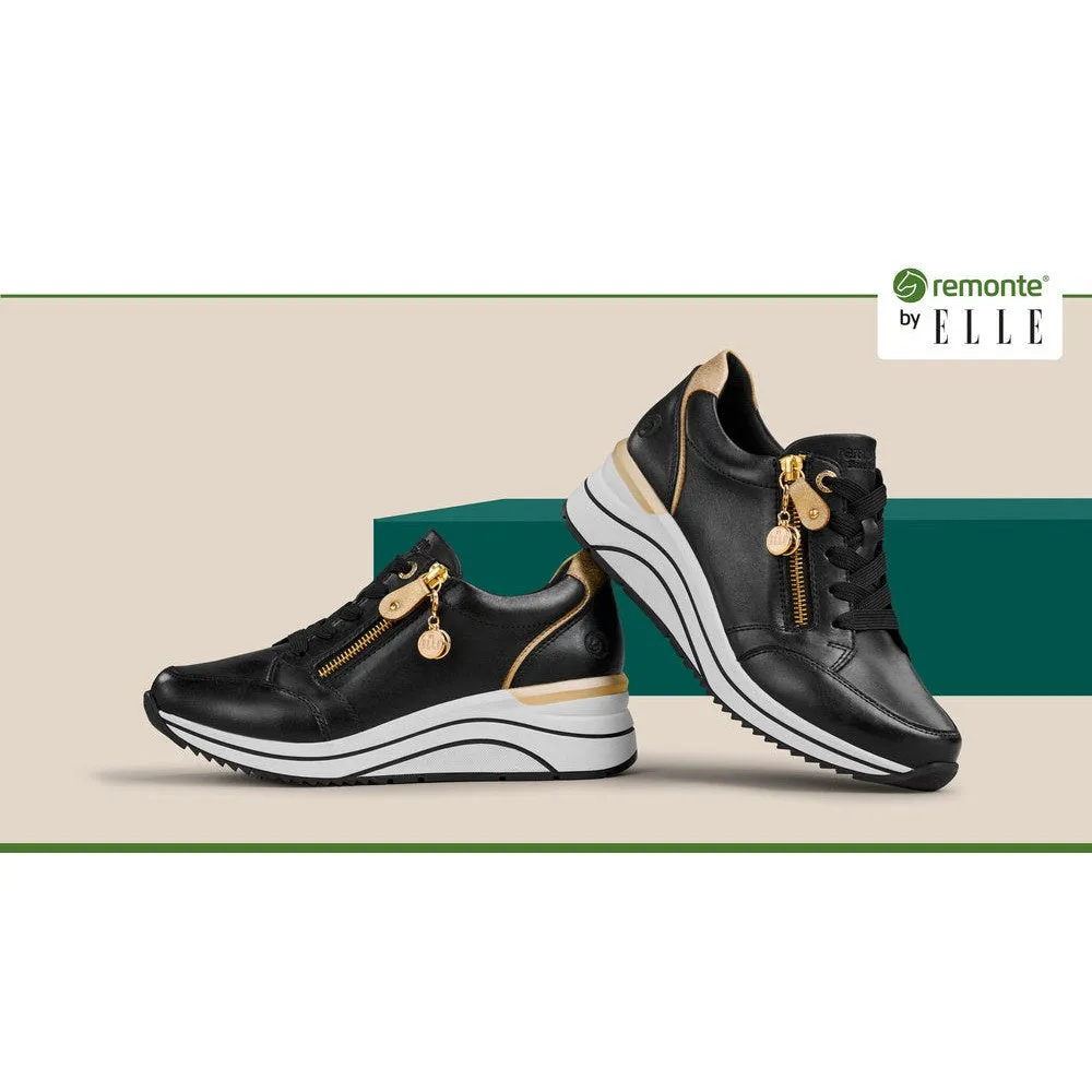 Remonte D0T03-01 Ladies Black & Gold Leather Zip & Lace Trainers