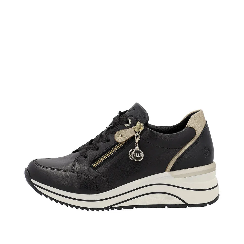Remonte D0T03-01 Ladies Black & Gold Leather Zip & Lace Trainers