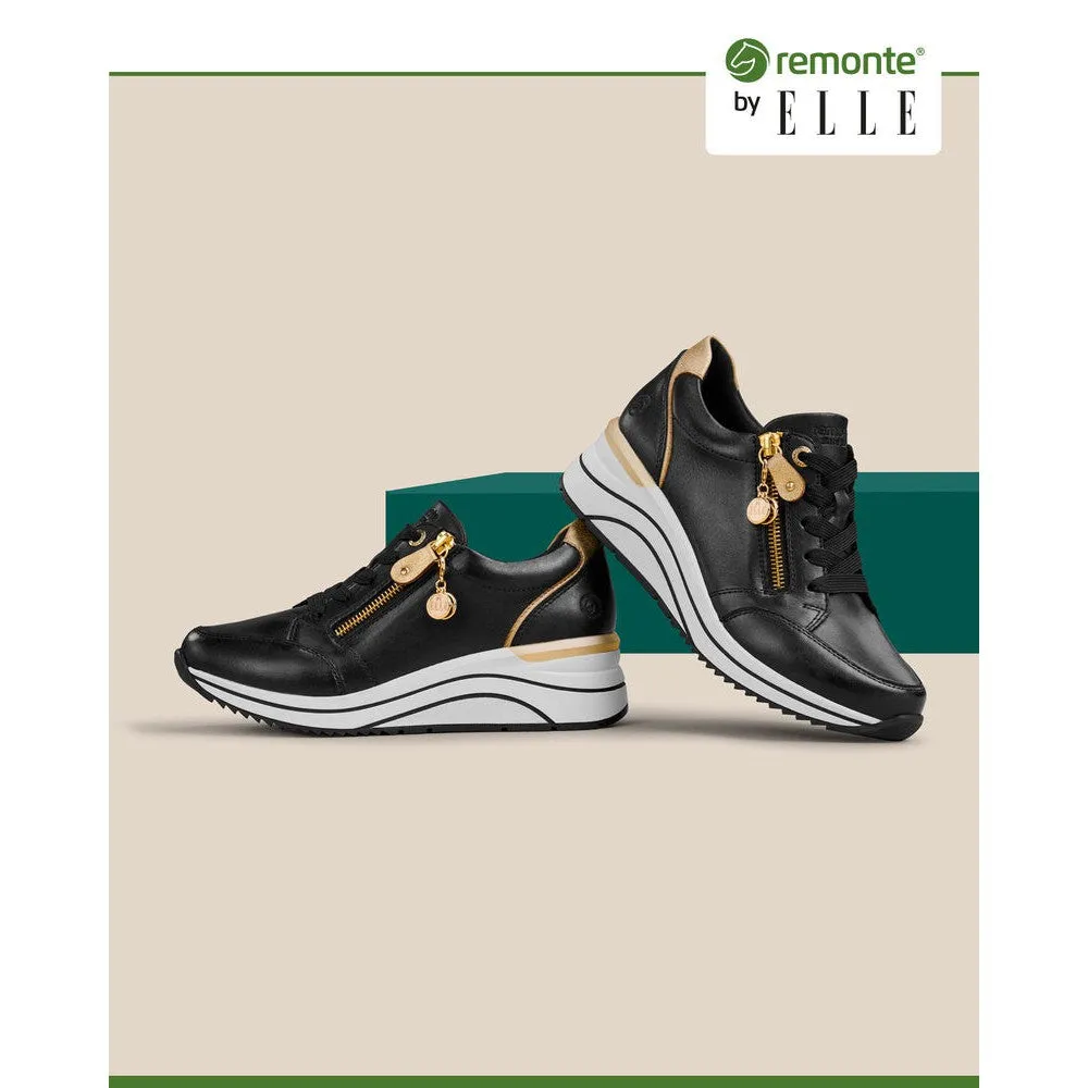 Remonte D0T03-01 Ladies Black & Gold Leather Zip & Lace Trainers