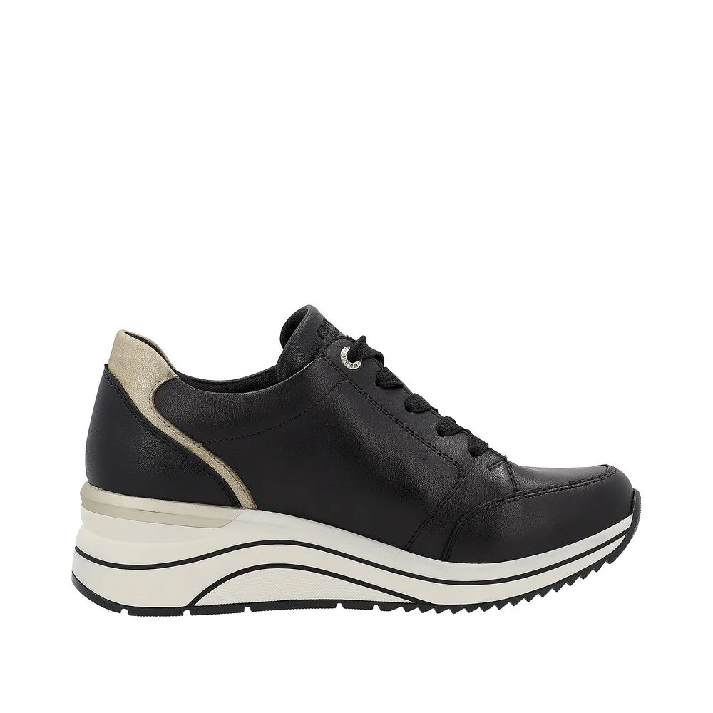 Remonte D0T03-01 Ladies Black & Gold Leather Zip & Lace Trainers