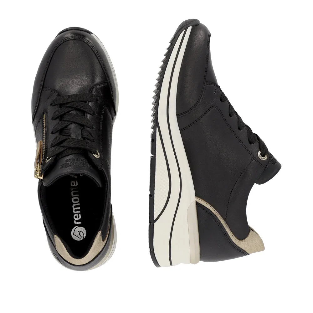 Remonte D0T03-01 Ladies Black & Gold Leather Zip & Lace Trainers