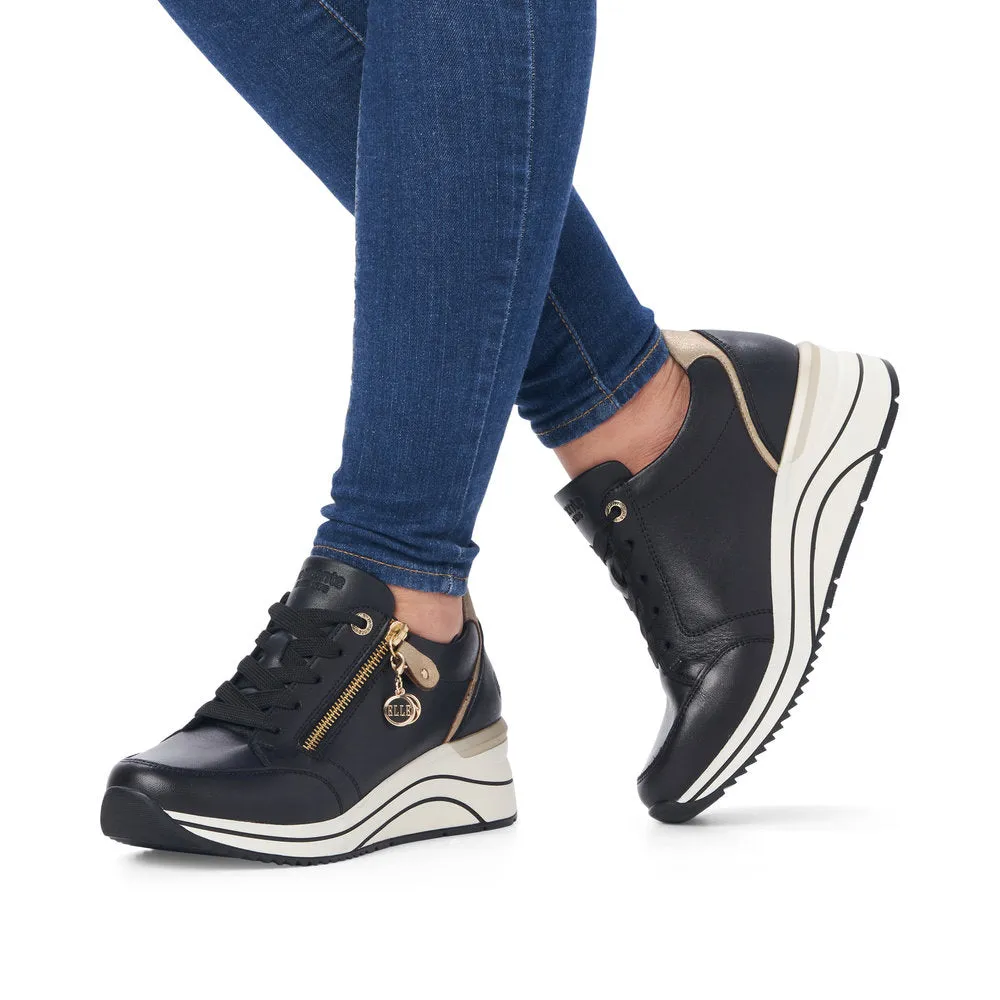 Remonte D0T03-01 Ladies Black & Gold Leather Zip & Lace Trainers