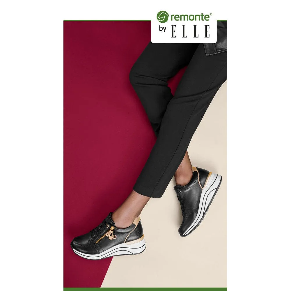 Remonte D0T03-01 Ladies Black & Gold Leather Zip & Lace Trainers