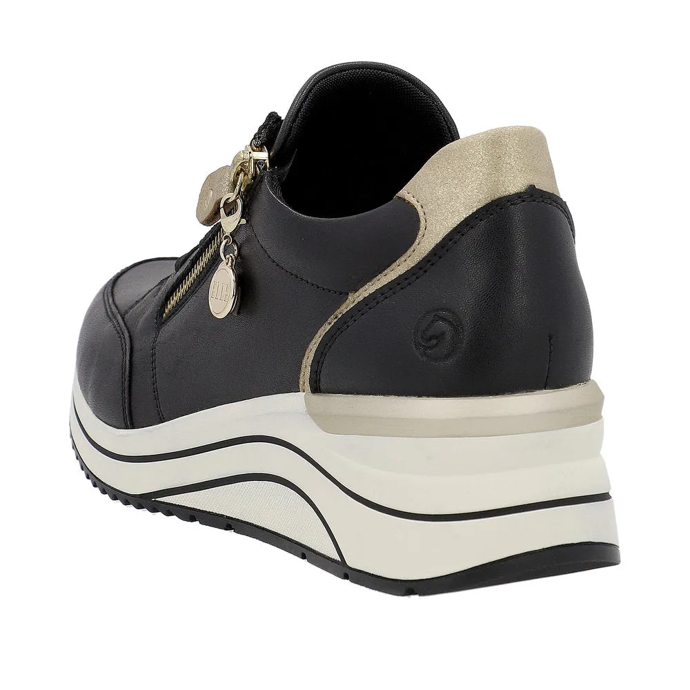 Remonte D0T03-01 Ladies Black & Gold Leather Zip & Lace Trainers
