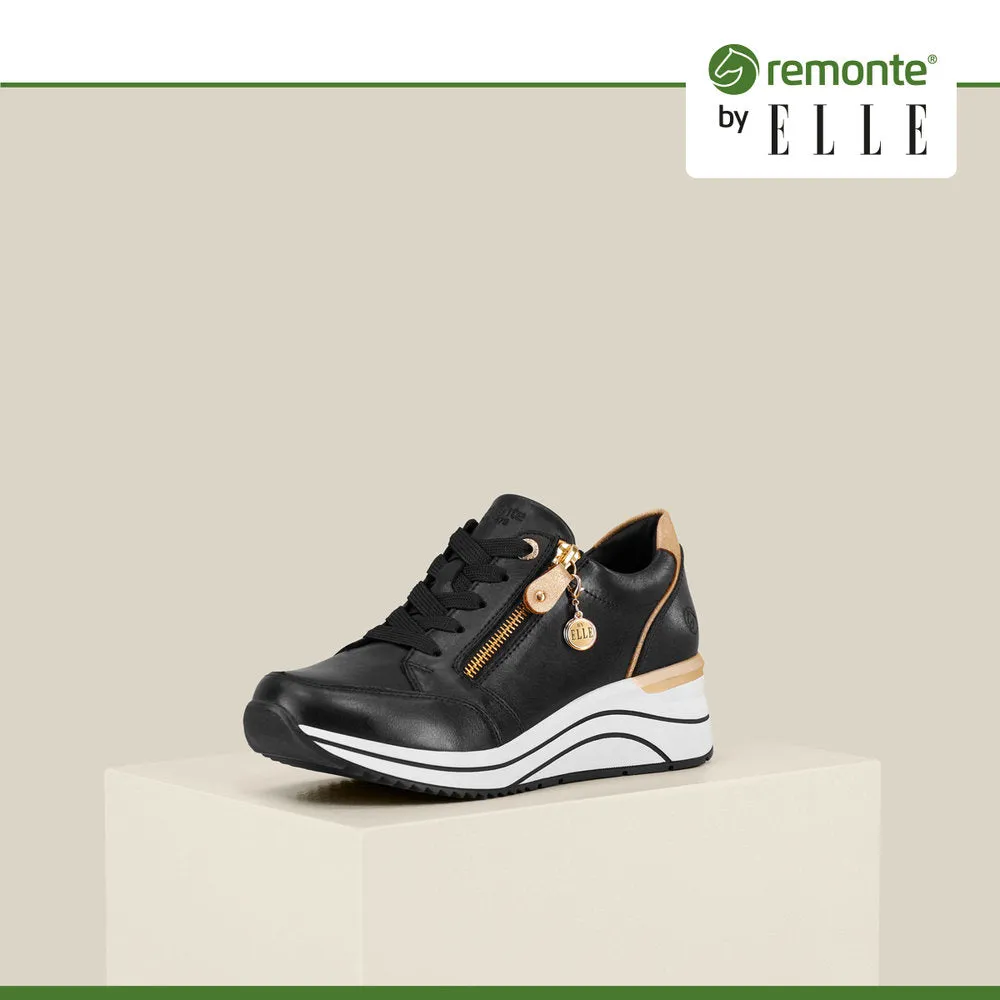 Remonte D0T03-01 Ladies Black & Gold Leather Zip & Lace Trainers