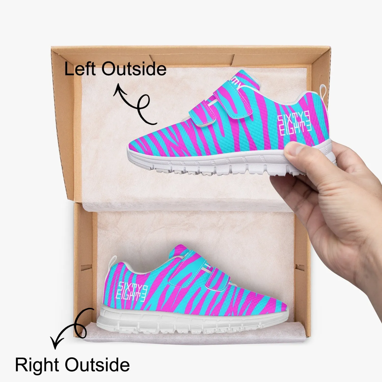 Sixty Eight 93 Logo White Zebra Blueberry Fuchsia Kids Lightweight Velcro Shoe