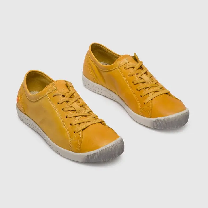 Softinos Women's ISLA154SOF Washed Leather Lace-up Trainers Yellow