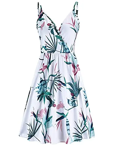 STYLEWORD Sommerkleid Damen Knielang V-Ausschnitt A Linie Kleider Sommer Freizeitkleid Strandkleid mit Taschen