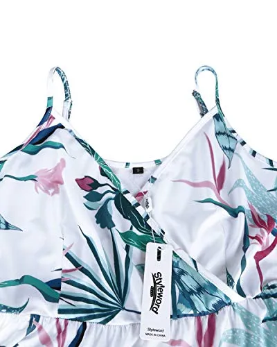 STYLEWORD Sommerkleid Damen Knielang V-Ausschnitt A Linie Kleider Sommer Freizeitkleid Strandkleid mit Taschen