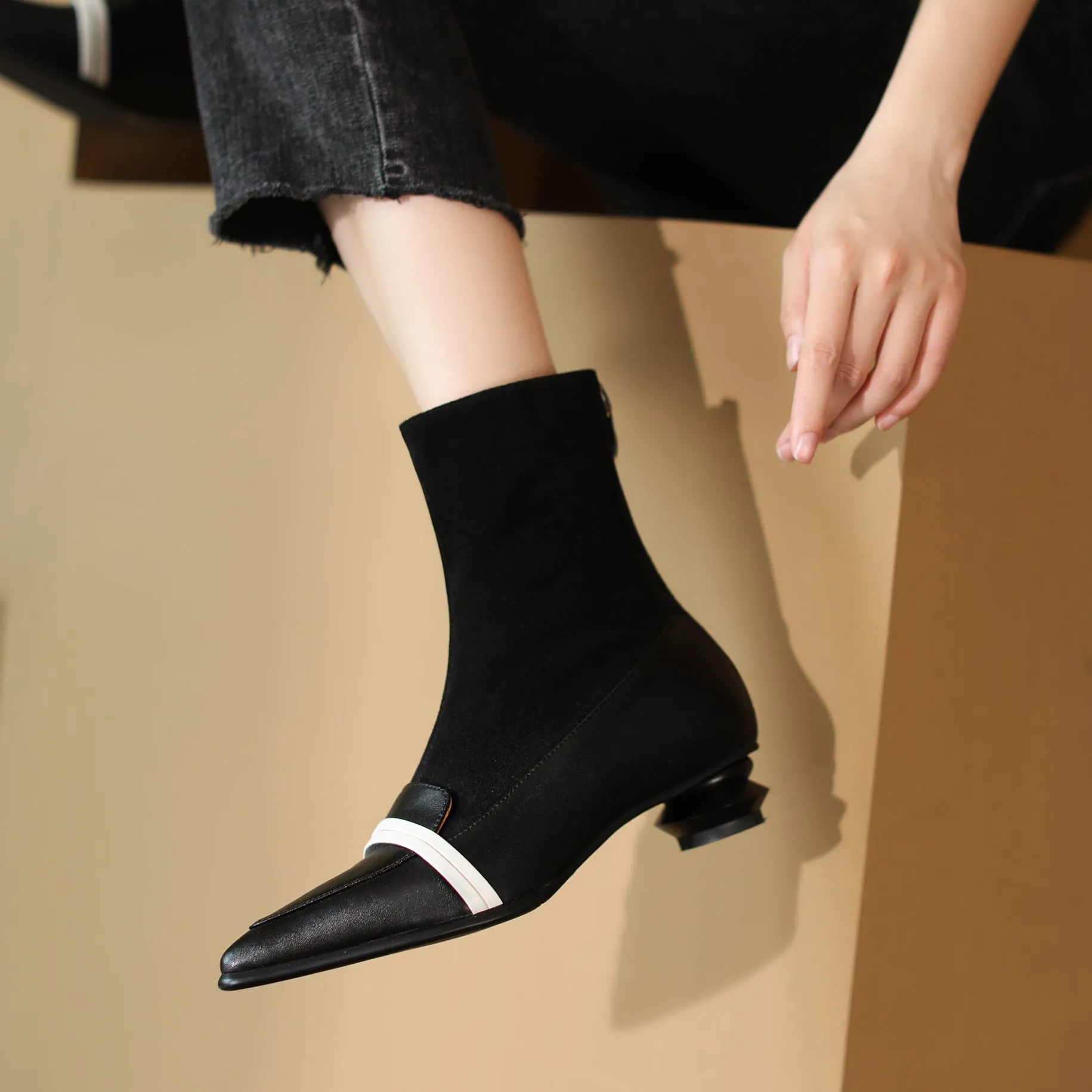 TinaCus Handmade Women's Leather Patchwork Back Zipper Pointed Toe Low Cone Heel Mid Calf Boots