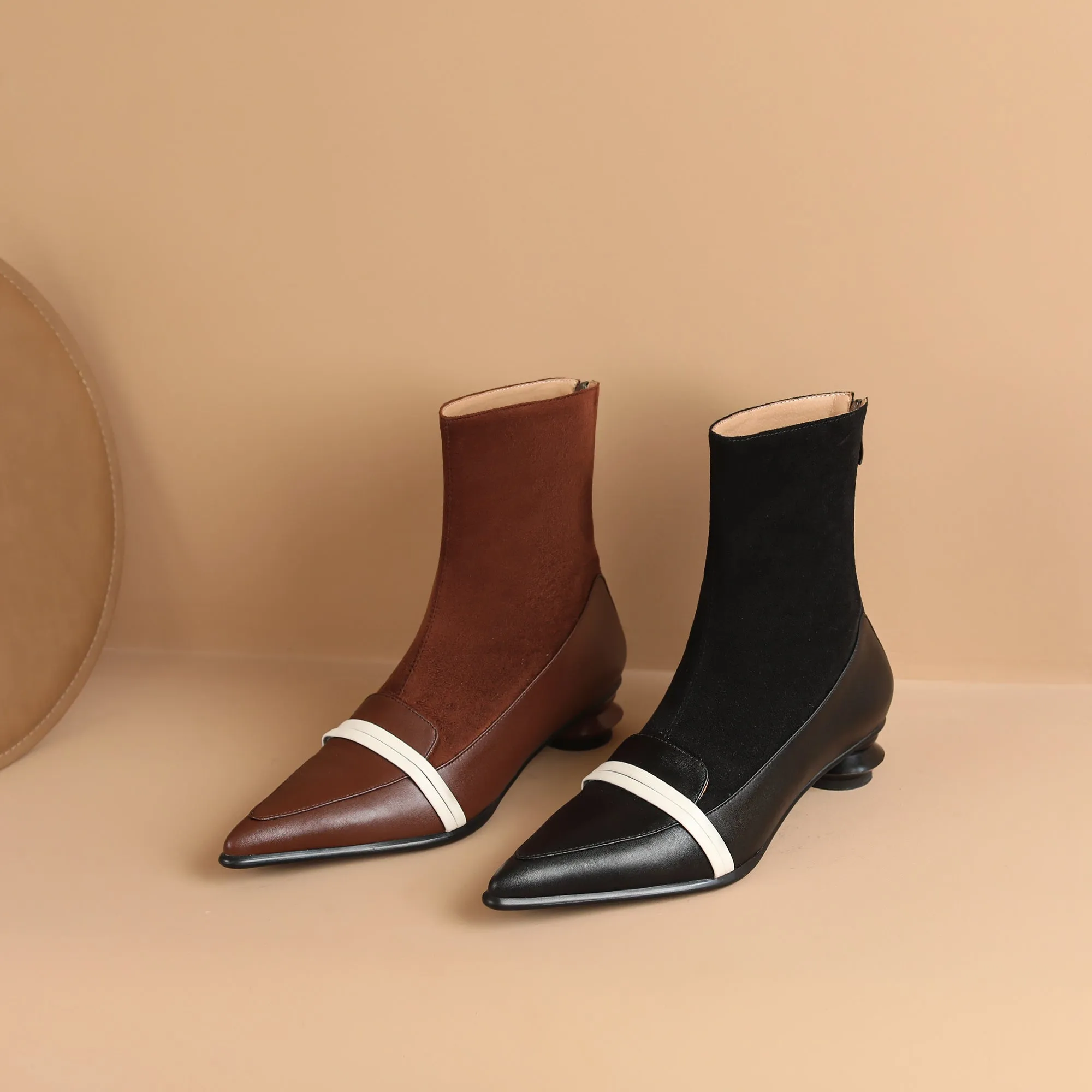 TinaCus Handmade Women's Leather Patchwork Back Zipper Pointed Toe Low Cone Heel Mid Calf Boots