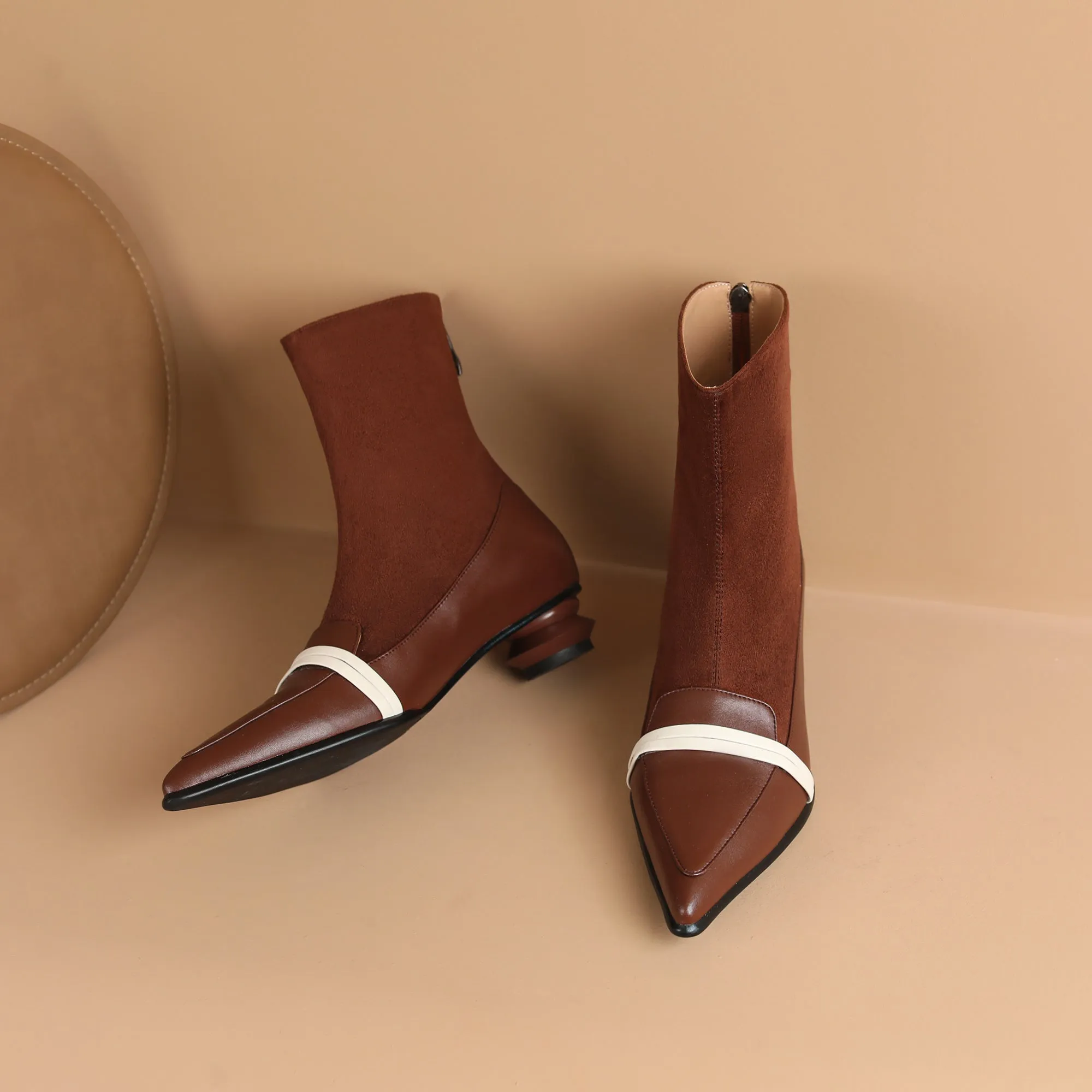 TinaCus Handmade Women's Leather Patchwork Back Zipper Pointed Toe Low Cone Heel Mid Calf Boots