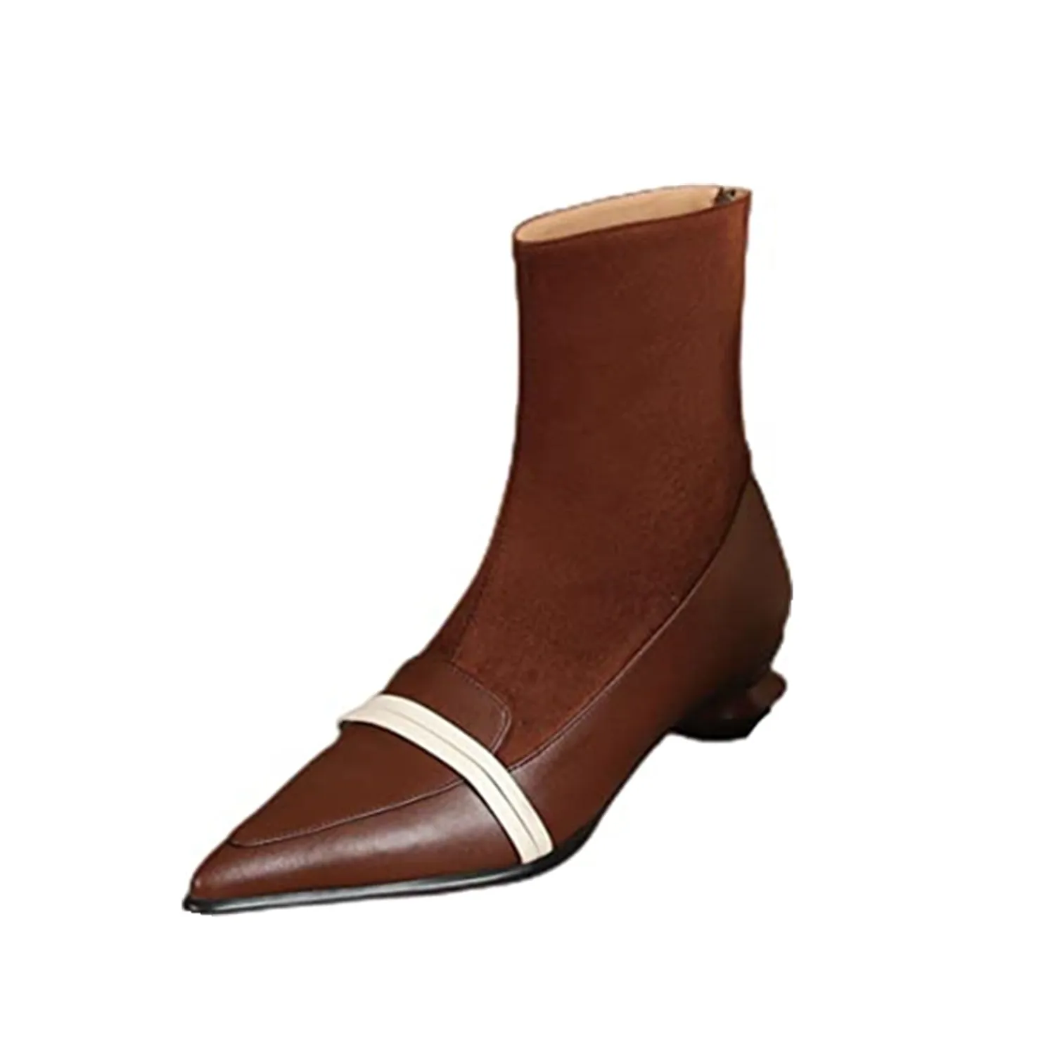 TinaCus Handmade Women's Leather Patchwork Back Zipper Pointed Toe Low Cone Heel Mid Calf Boots