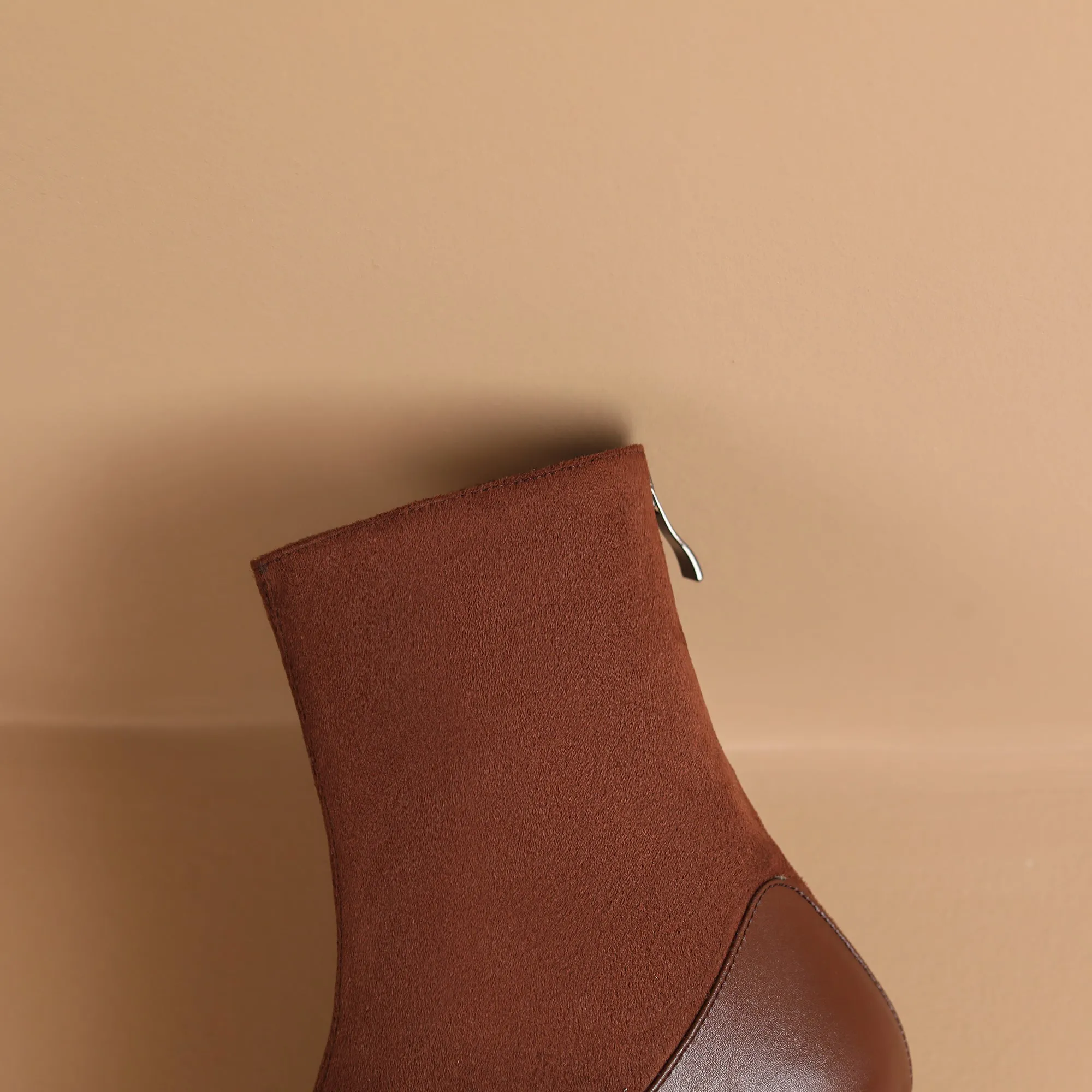 TinaCus Handmade Women's Leather Patchwork Back Zipper Pointed Toe Low Cone Heel Mid Calf Boots