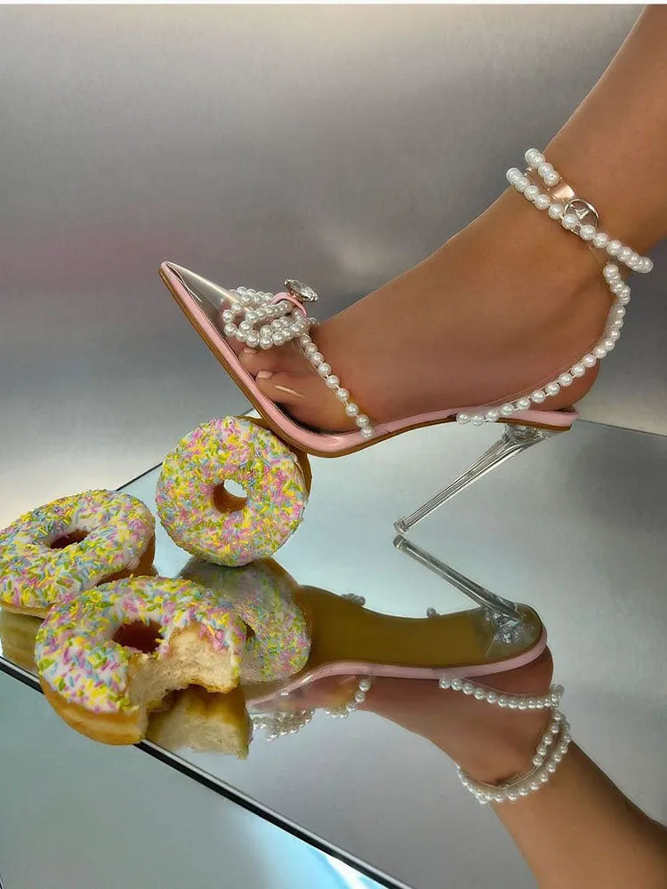 Toleet Pearl Bow Pointed Toe Transparent Heels